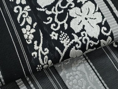 平和屋着物＊夏物　八寸名古屋帯　博多織　花唐草間道　黒地　CABI5830fb