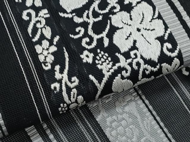 平和屋着物＊夏物　八寸名古屋帯　博多織　花唐草間道　黒地　CABI5830fb