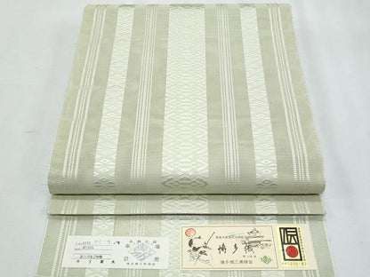 平和屋着物＊夏物　本場筑前博多織　八寸名古屋帯　紗献上　若芽色　木下節夫作　証紙付き　正絹　逸品　CABI5894fb