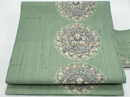 平和屋着物＊夏物　九寸名古屋帯　紬地　型染　絵皿文　正絹　逸品　CABI5908fb