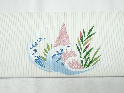 平和屋着物＊夏物　塩瀬　九寸名古屋帯　友禅　立波文　正絹　逸品　CABI5911fb