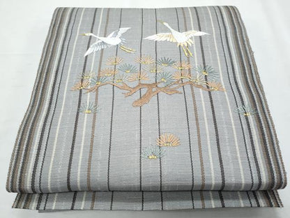 平和屋着物＊夏物　八寸名古屋帯　総刺繍　飛鶴枝松文　金銀糸　正絹　逸品　CABI5914fb