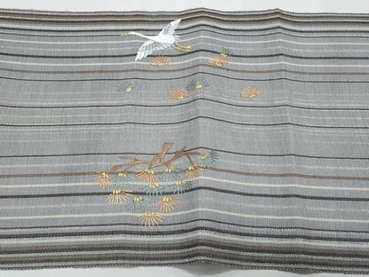 平和屋着物＊夏物　八寸名古屋帯　総刺繍　飛鶴枝松文　金銀糸　正絹　逸品　CABI5914fb