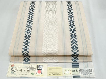 平和屋着物＊夏物　本場筑前博多織　八寸名古屋帯　紗献上　薄卵色　博多金ラベル　森博多織謹製　証紙付き　正絹　逸品　CABI5949fb