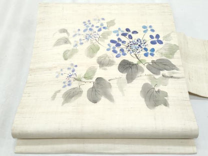 平和屋着物＊夏物　九寸名古屋帯　手描き　紫陽花　麻　逸品　CABI5982fb