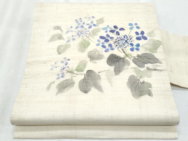 平和屋着物＊夏物　九寸名古屋帯　手描き　紫陽花　麻　逸品　CABI5982fb