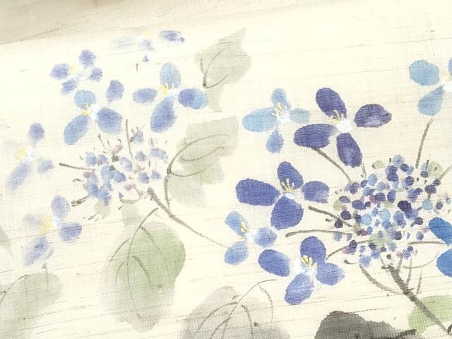 平和屋着物＊夏物　九寸名古屋帯　手描き　紫陽花　麻　逸品　CABI5982fb
