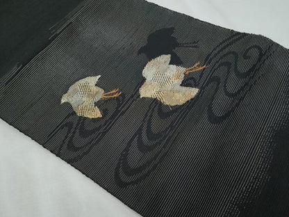 平和屋着物＊夏物　八寸名古屋帯　流水千鳥文　黒地　金糸　正絹　逸品　CABI6000fb