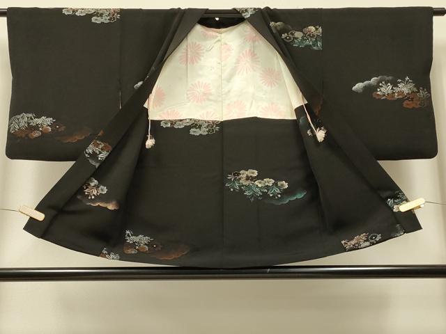 平和屋着物＃羽織　寿光織　雲取り草花文　黒地　銀糸　正絹　逸品　CABI6007in
