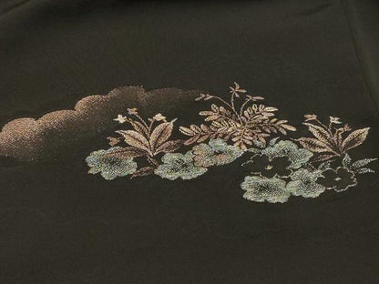 平和屋着物＃羽織　寿光織　雲取り草花文　黒地　銀糸　正絹　逸品　CABI6007in