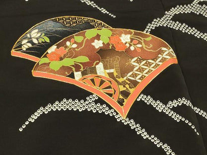平和屋着物＃羽織　駒刺繍　絞り　扇面御所車花文　黒地　金彩　正絹　逸品　未使用　CABI6026in