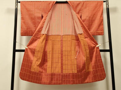 平和屋着物＃道行コート　雨コート　単衣　変わり格子　ロング丈　正絹　逸品　CABI6041in