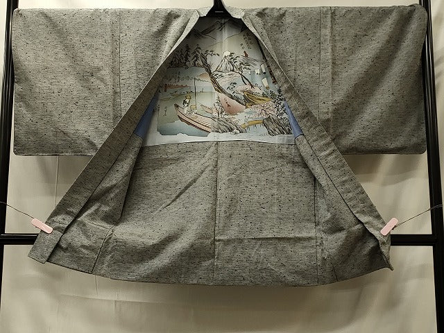 平和屋着物＃男性　長羽織　ひげ紬　霞文　正絹　逸品　未使用　CABI6049in