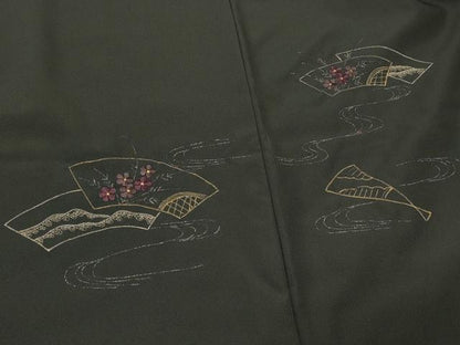 平和屋着物＃羽織　総刺繍　流水地紙花文　黒地　金銀糸　正絹　逸品　CABI6060in