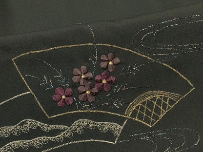 平和屋着物＃羽織　総刺繍　流水地紙花文　黒地　金銀糸　正絹　逸品　CABI6060in