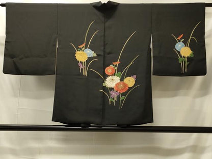 平和屋着物＃羽織　草花文　黒地　金彩　正絹　逸品　CABI6072in