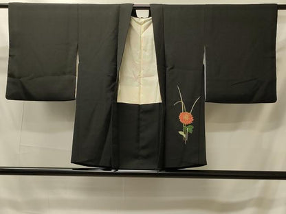 平和屋着物＃羽織　草花文　黒地　金彩　正絹　逸品　CABI6072in