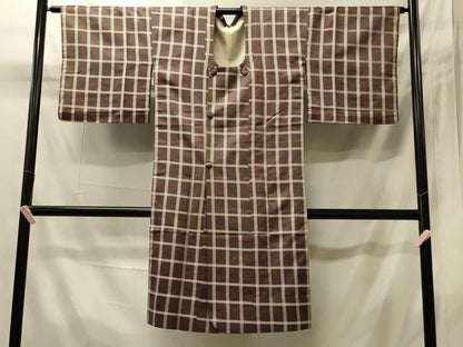 平和屋着物＃道行コート　雨コート　単衣　格子　ロング丈　正絹　逸品　CABI6074in