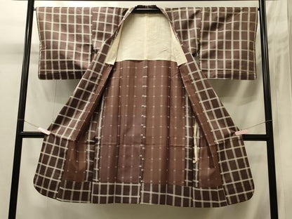 平和屋着物＃道行コート　雨コート　単衣　格子　ロング丈　正絹　逸品　CABI6074in