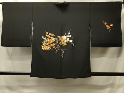 平和屋着物＃羽織　総刺繍　花籠文　黒地　正絹　逸品　未使用　CABI6085in