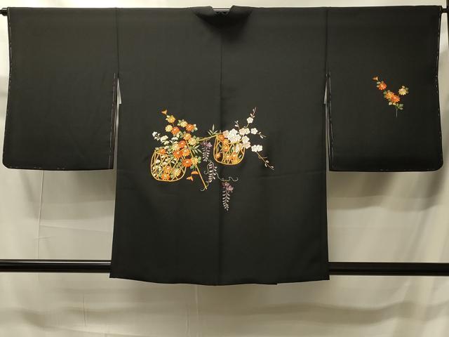 平和屋着物＃羽織　総刺繍　花籠文　黒地　正絹　逸品　未使用　CABI6085in