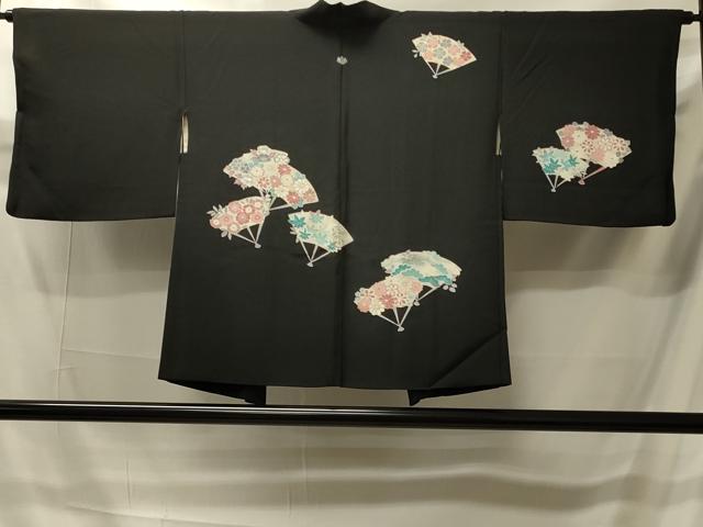 平和屋着物＃羽織　刺繍　扇面草花文　黒地　正絹　逸品　CABI6089in