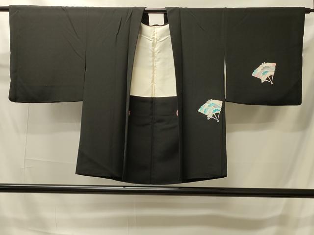 平和屋着物＃羽織　刺繍　扇面草花文　黒地　正絹　逸品　CABI6089in