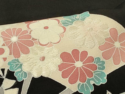 平和屋着物＃羽織　刺繍　扇面草花文　黒地　正絹　逸品　CABI6089in