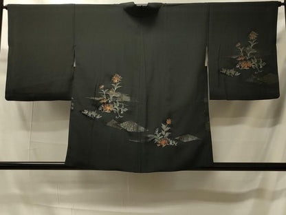 平和屋着物＃羽織　寿光織　草花文　黒地　銀糸　正絹　逸品　CABI6090in