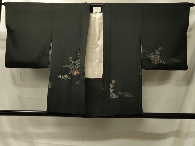 平和屋着物＃羽織　寿光織　草花文　黒地　銀糸　正絹　逸品　CABI6090in