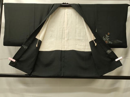 平和屋着物＃羽織　寿光織　草花文　黒地　銀糸　正絹　逸品　CABI6090in