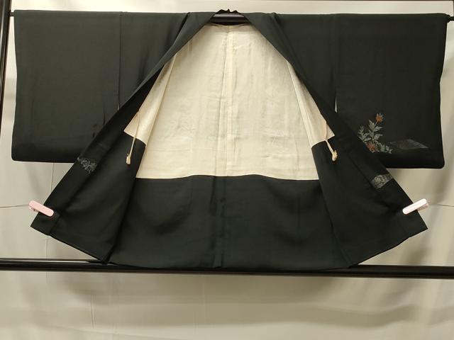 平和屋着物＃羽織　寿光織　草花文　黒地　銀糸　正絹　逸品　CABI6090in