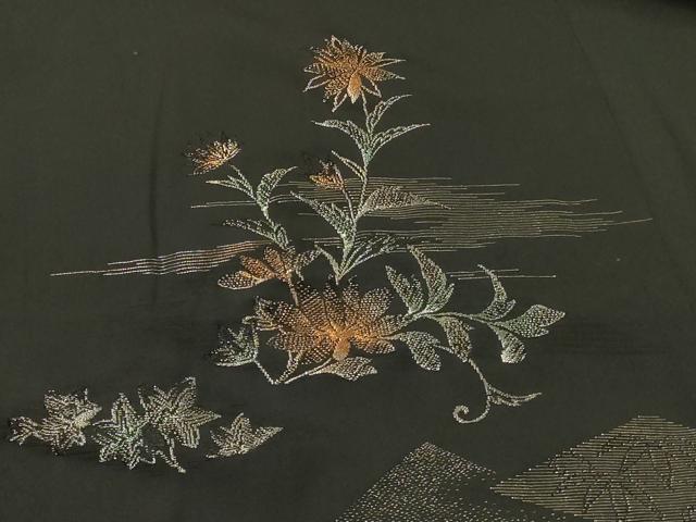 平和屋着物＃羽織　寿光織　草花文　黒地　銀糸　正絹　逸品　CABI6090in