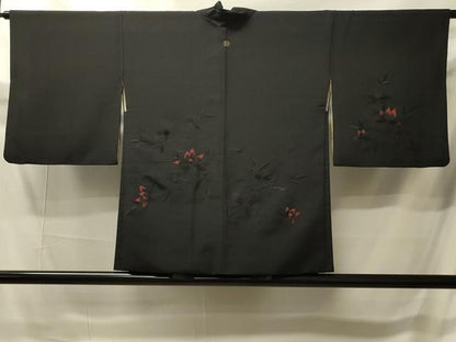 平和屋着物＃羽織　総刺繍　草花文　黒地　正絹　逸品　CABI6091in