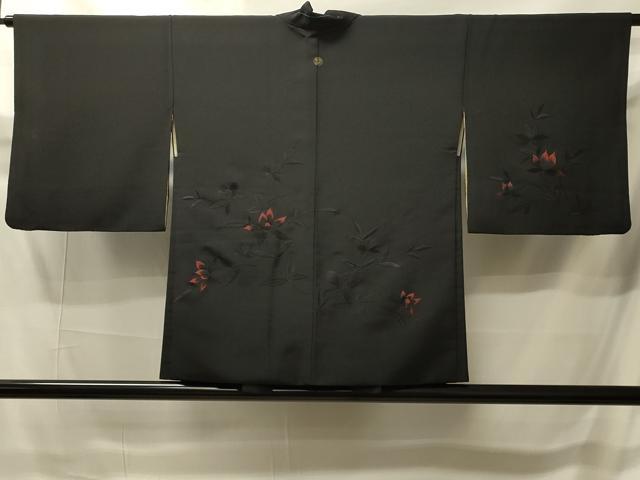 平和屋着物＃羽織　総刺繍　草花文　黒地　正絹　逸品　CABI6091in
