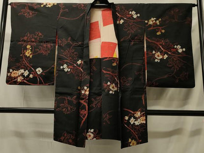 平和屋着物＃長羽織　寿光織　枝花文　黒地　金糸　正絹　逸品　CABI6093in
