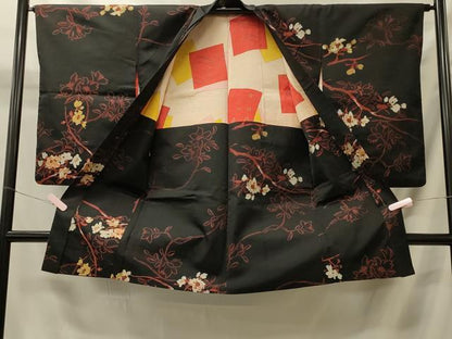 平和屋着物＃長羽織　寿光織　枝花文　黒地　金糸　正絹　逸品　CABI6093in