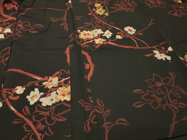 平和屋着物＃長羽織　寿光織　枝花文　黒地　金糸　正絹　逸品　CABI6093in