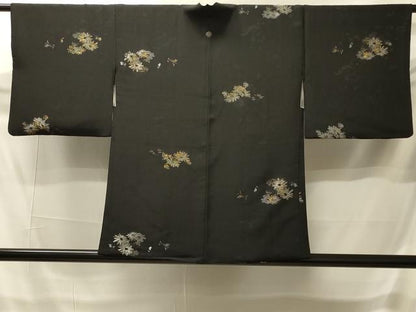 平和屋着物＃羽織　寿光織　草花文　黒地　金銀糸　正絹　逸品　CABI6097in