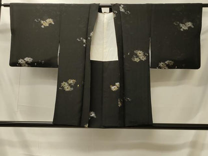 平和屋着物＃羽織　寿光織　草花文　黒地　金銀糸　正絹　逸品　CABI6097in