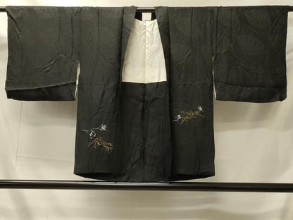 平和屋着物＃羽織　刺繍　枝松葉文　黒地　金銀糸　正絹　逸品　CABI6101in