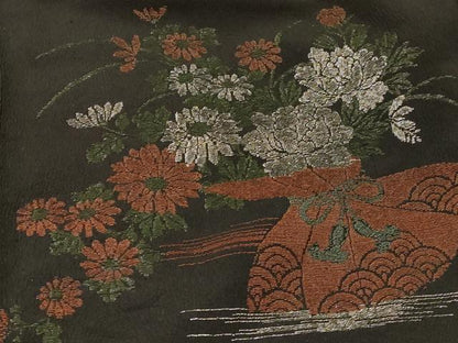 平和屋着物＃羽織　寿光織　花束　黒地　銀糸　正絹　逸品　CABI6103in