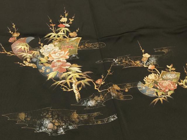 平和屋着物＃羽織　短冊枝花文　黒地　金銀彩　正絹　逸品　CABI6110in