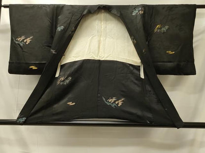 平和屋着物＃羽織　寿光織　枝葉文　黒地　金銀糸　正絹　逸品　CABI6111in