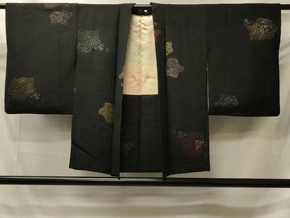 平和屋着物＃羽織　寿光織　草花文　黒地　金銀糸　正絹　逸品　CABI6125in