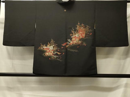 平和屋着物＃羽織　寿光織　屏風草花文　黒地　金銀糸　正絹　逸品　CABI6129in