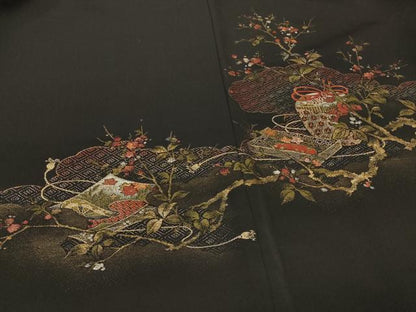 平和屋着物＃羽織　仕覆枝花文　黒地　金銀糸　正絹　逸品　未使用　CABI6130in