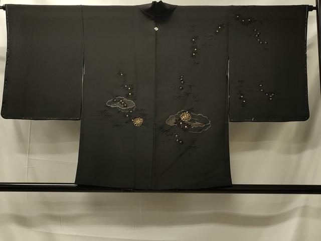平和屋着物＃羽織　駒刺繍　総刺繍　雲取り枝花文　黒地　金銀糸　正絹　逸品　未使用　CABI6133in