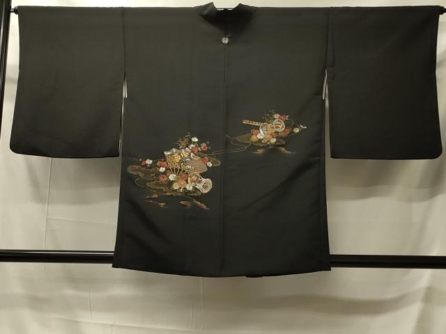 平和屋着物＃羽織　寿光織　扇面鼓花文　黒地　金銀糸　正絹　逸品　CABI6134in
