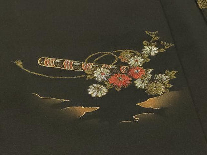 平和屋着物＃羽織　寿光織　扇面鼓花文　黒地　金銀糸　正絹　逸品　CABI6134in